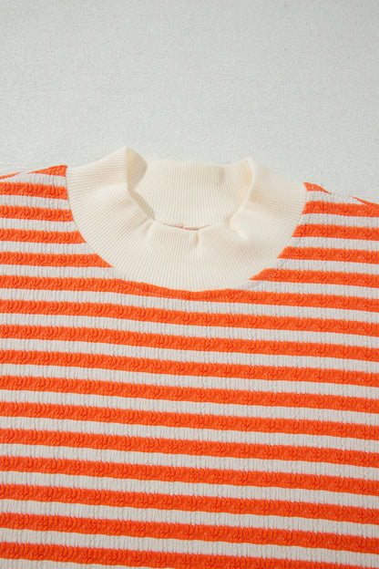 Stripe Textured Mock Neck Long Sleeve Oversized Top