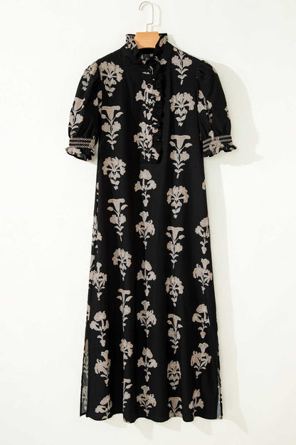 Floral Frilled Collar Short Puff Sleeve Maxi Dress