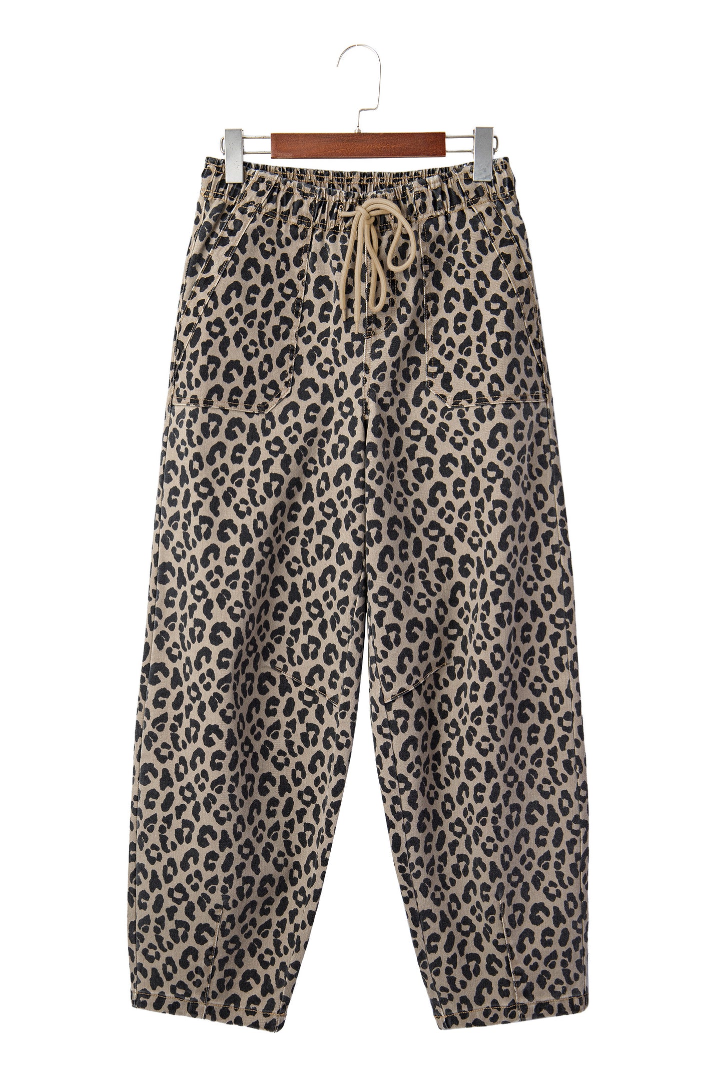 Leopard Denim Drawstring Elastic Waist Loose Pants