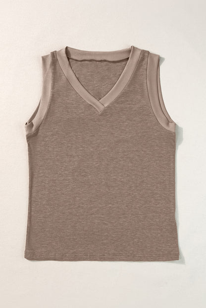 Ribbed Trim V-Neck Tank Top