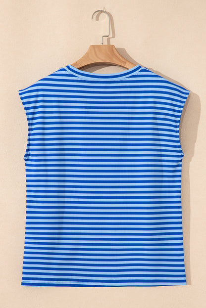 Stripe Ribbed Cap Sleeve Round Neck T-Shirt