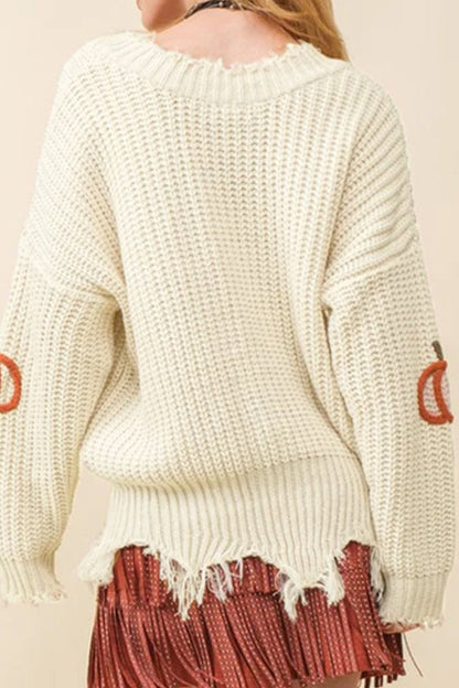 Pumpkin Cable Knit Raw Hem Sweater