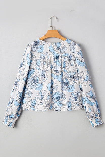 Floral Frilly Smocked Square Neck Long Sleeve Blouse