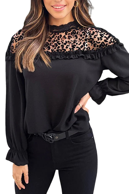 Leopard Mesh Ruffle Blouse