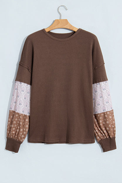 Floral Patchwork Waffle Knit Long Sleeve Top