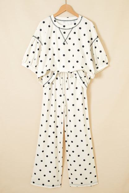Polka Dot 3/4 Sleeve Top & Elastic Waist Pants Set