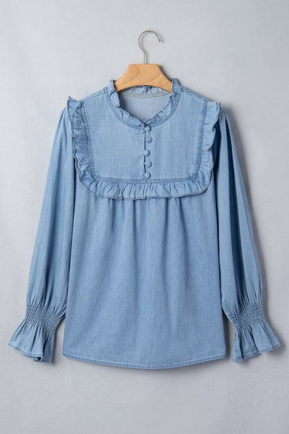 Western Denim Chambray Ruffle V-Neck Long Sleeve Blouse