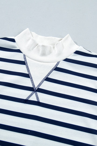 Stripe Ribbed Trim Stand Neck Long Sleeve Sweatshirt