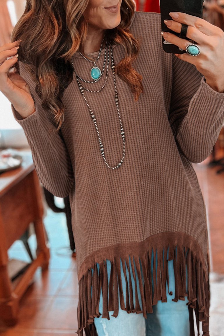 Waffle Knit Suede Fringe Top