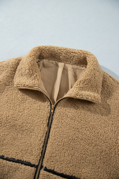 Solid Fleece Standing Collar Zip Up Jacket