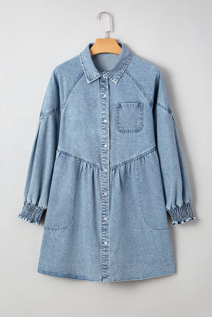 Denim Smocked Cuffs Shirt Mini Dress