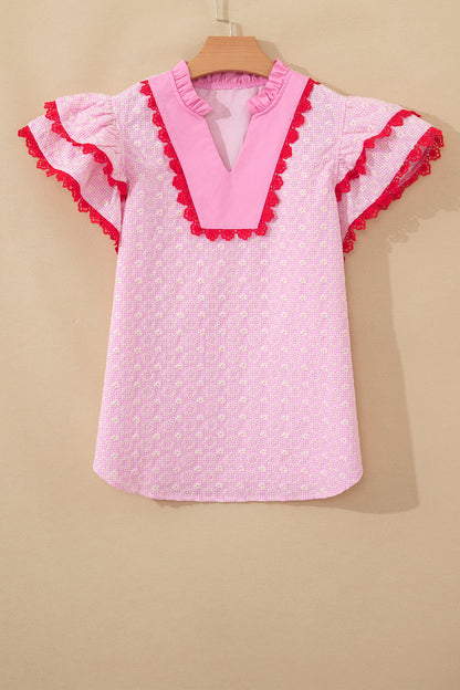 Flower Eyelet Embroidered Lace Flutter Sleeve Blouse