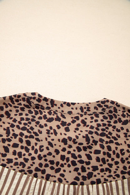 Stripe Leopard Trim 3/4 Sleeve Midi Shirt Dress