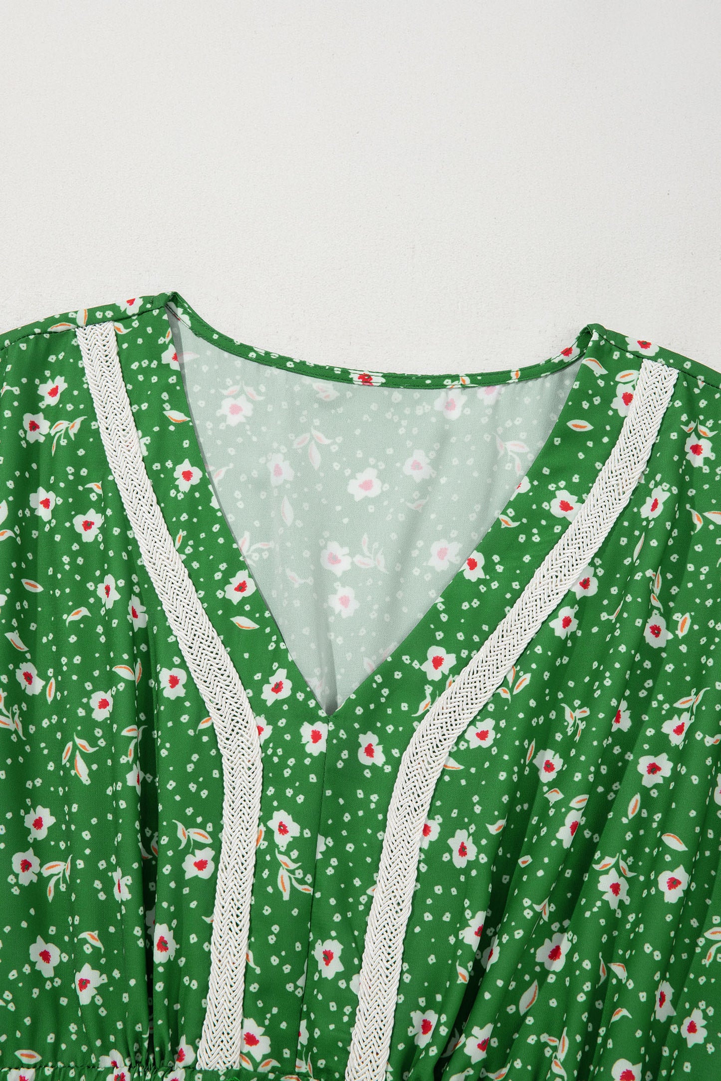 Floral Embroidered Trim V-Neck Drawstring Waist Dress