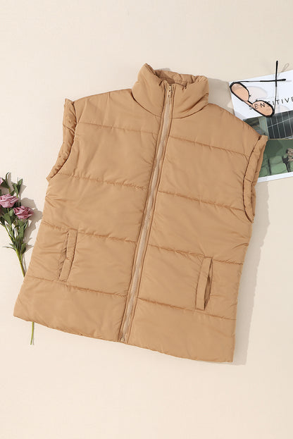 Solid Standing Collar Zip Up Oversized Puffer Vest