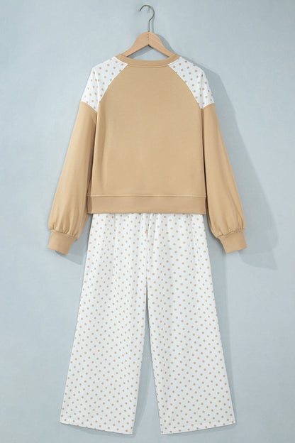 Polka Dot Patchwork Crop Sweatshirt & Pants Set
