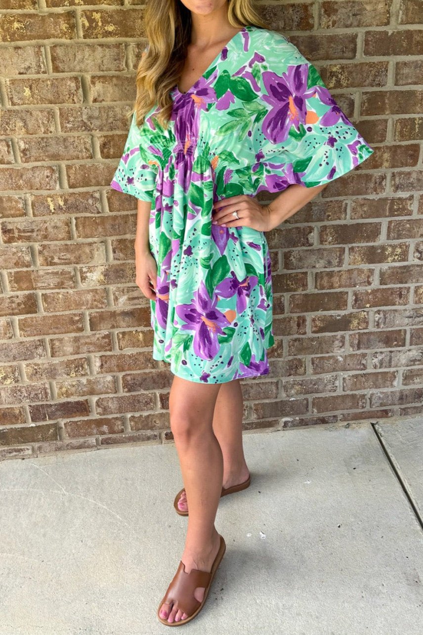 Floral 3/4 Sleeve V-Neck Mini Dress