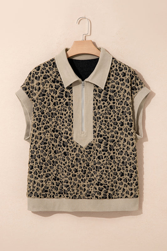 Plus Size Leopard Patchwork Ribbed Zip Up Collar Top