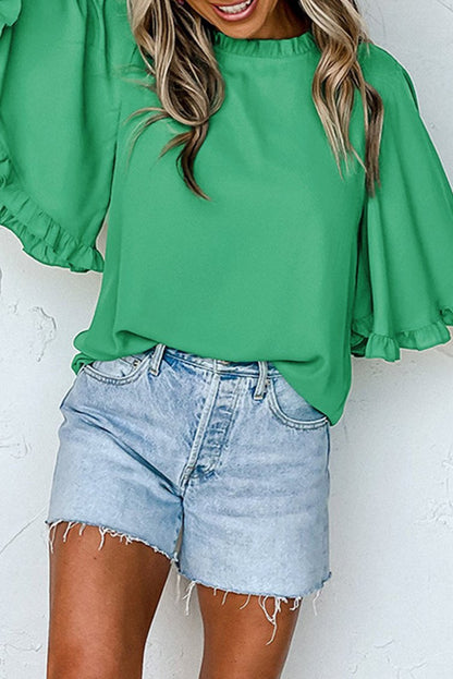 Solid 3/4 Ruffle Sleeve Blouse