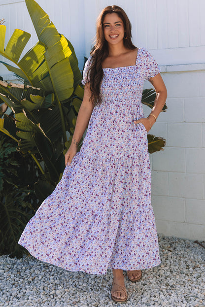 Floral Bubble Sleeve Shirred Waist Maxi Dress