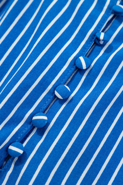 Stripe Ruffle Puff Sleeve Button Front Blouse