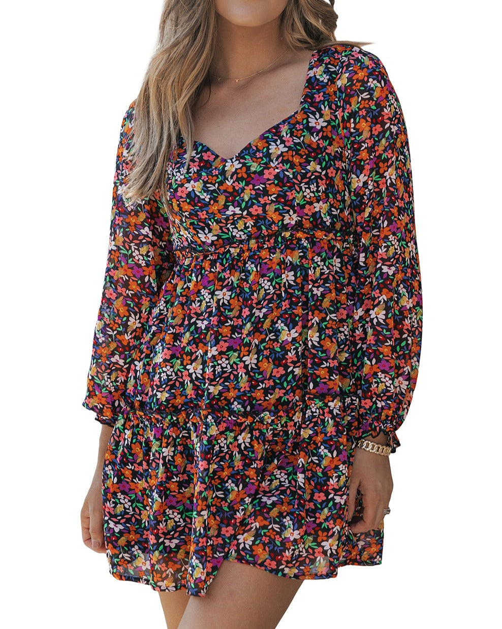 Floral V-Neck Long Sleeve Dress