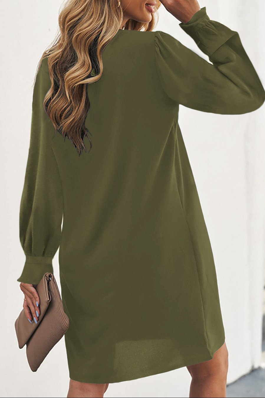 Solid V-Neck Ruffle Sleeve Dress