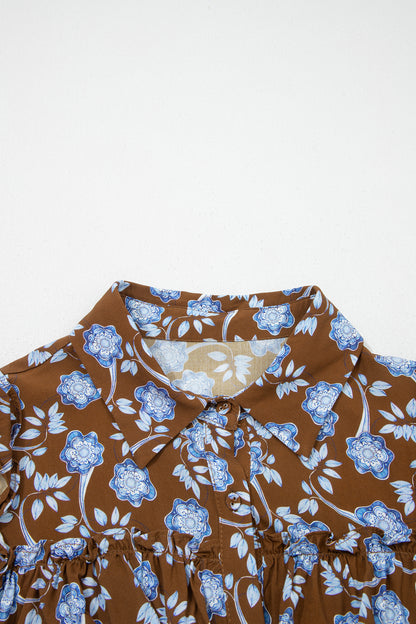 Floral Ruffle Shirt Collar Buttoned Long Sleeve Dress