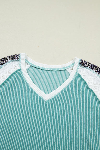 Leopard Colorblock Corded Knit Patchwork Tee