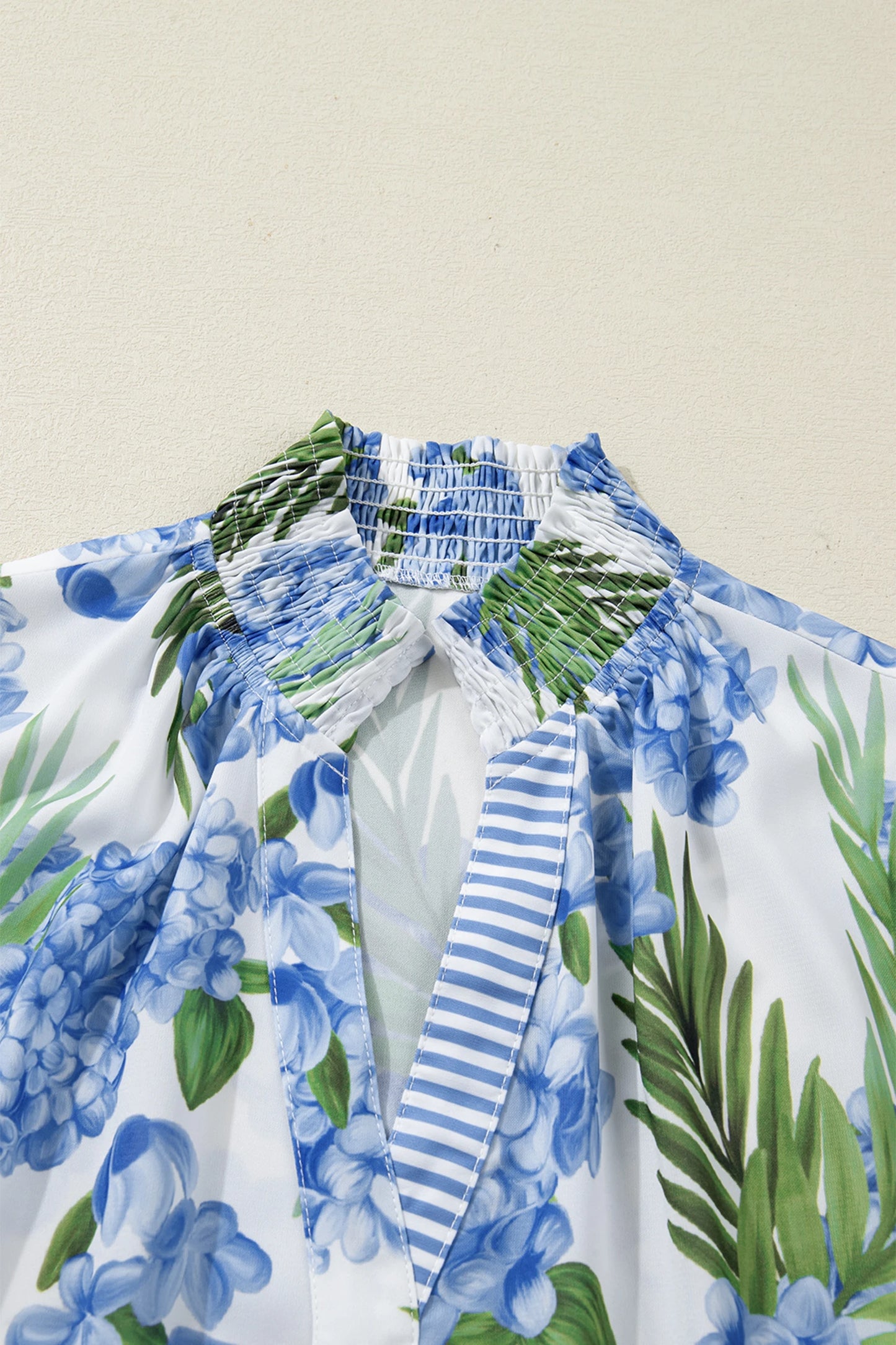 Floral Palm Stripe Patchwork V-Neck Short Sleeve Blouse