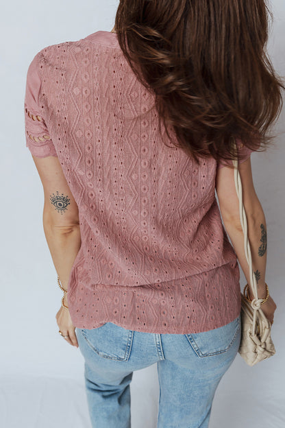 Eyelet Textured Half-Button Short Sleeve Blouse