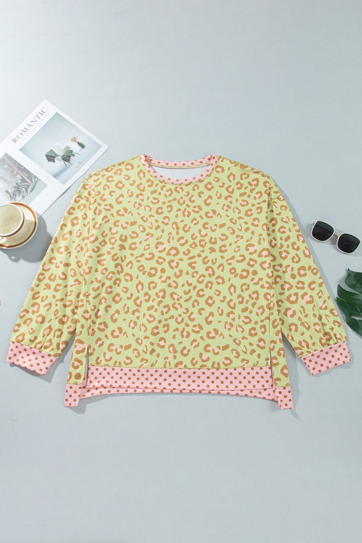 Plus Size Leopard Polka Dot Trim Long Sleeve Top