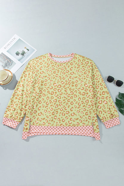 Plus Size Leopard Polka Dot Trim Long Sleeve Top