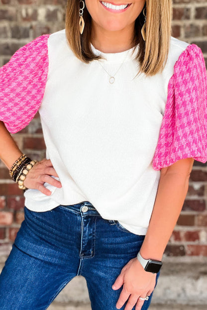 Colorblock Tweed Puff Sleeve Top