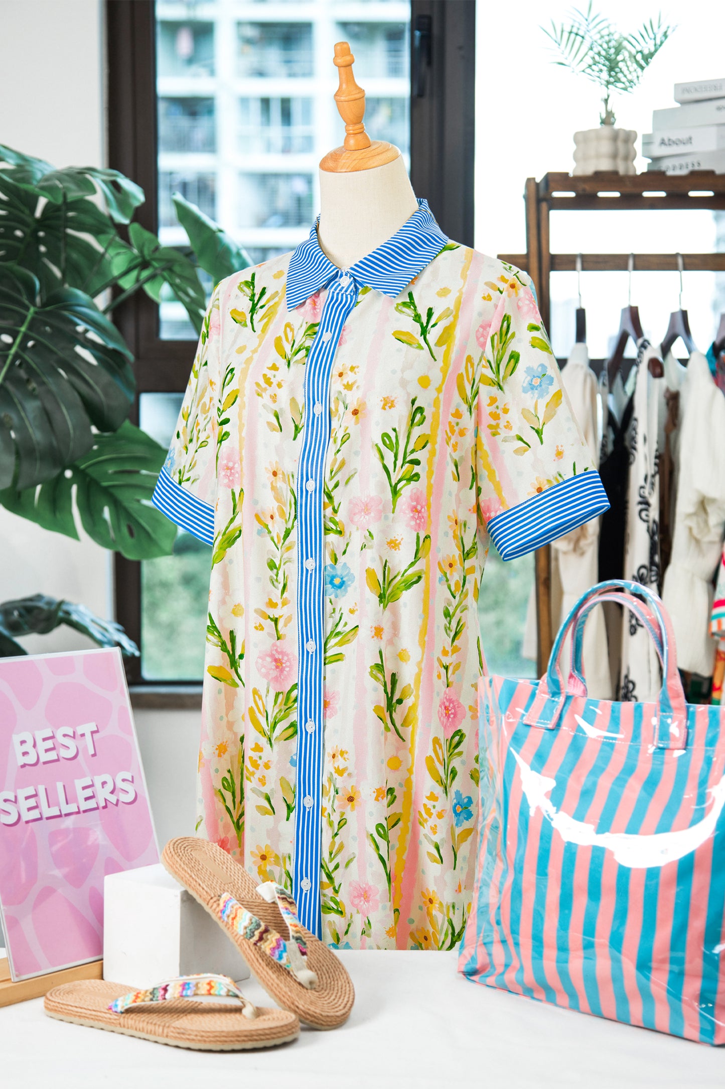 Floral Stripe Trim Button Down Dress