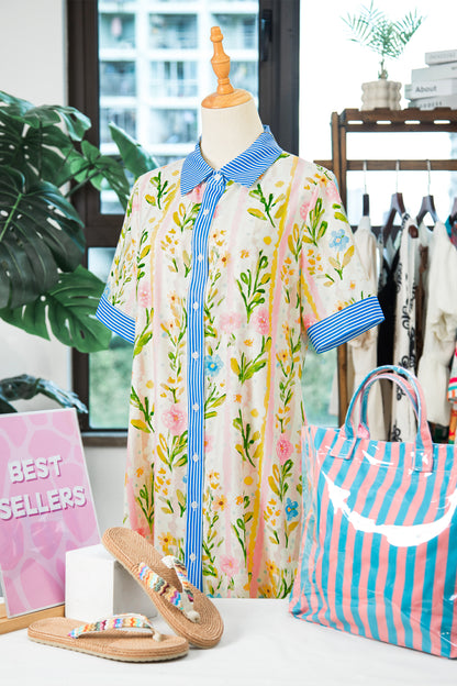 Floral Stripe Trim Button Down Dress