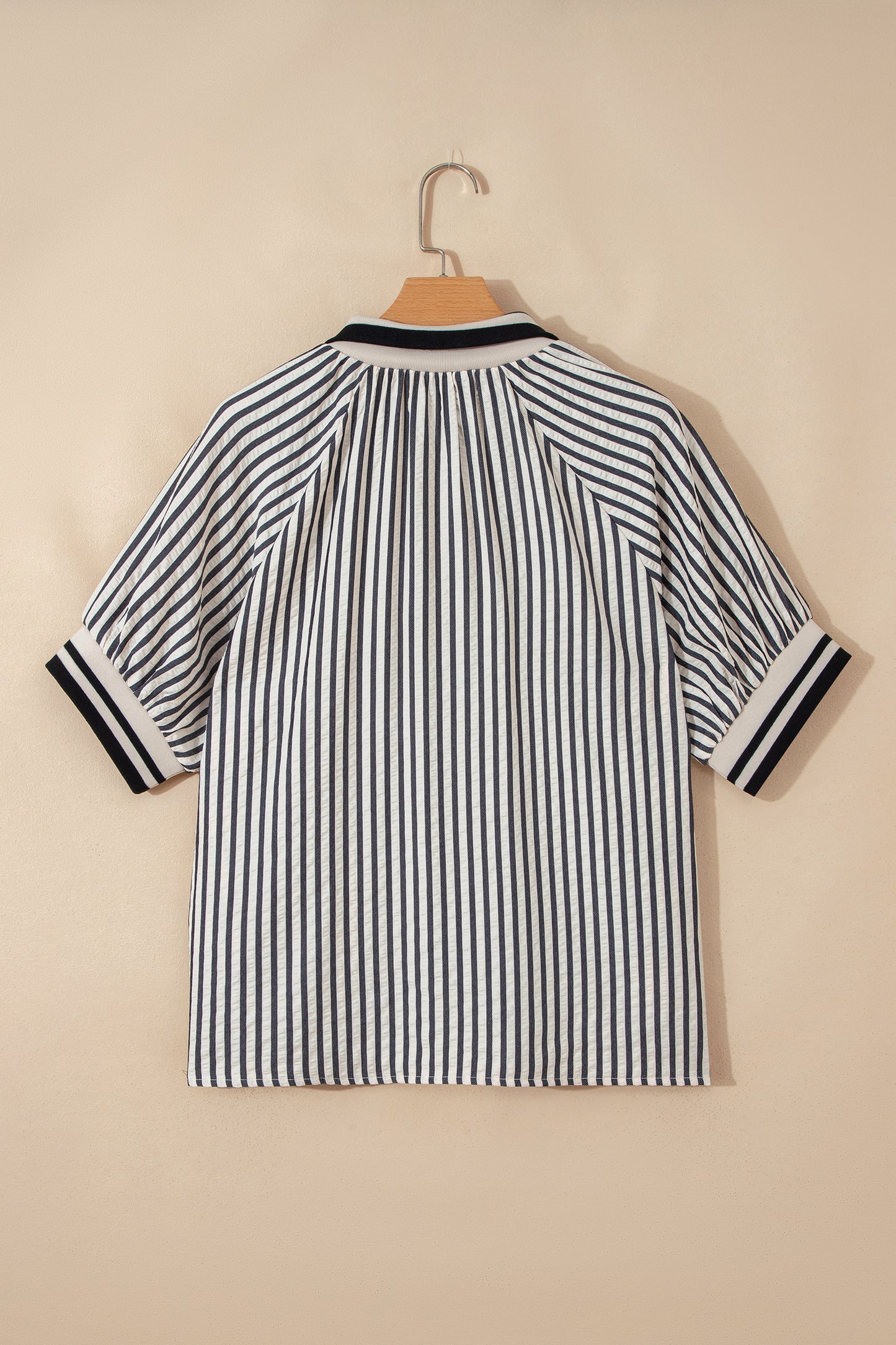 Stripe Half Zip Polo Collar Puff Sleeve Blouse