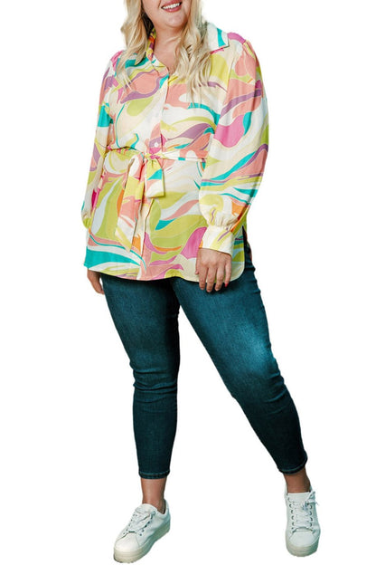 Plus Size Abstract Belted Tunic Shirt