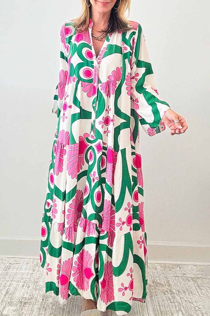 Floral Buttoned Long Sleeve Maxi Dress