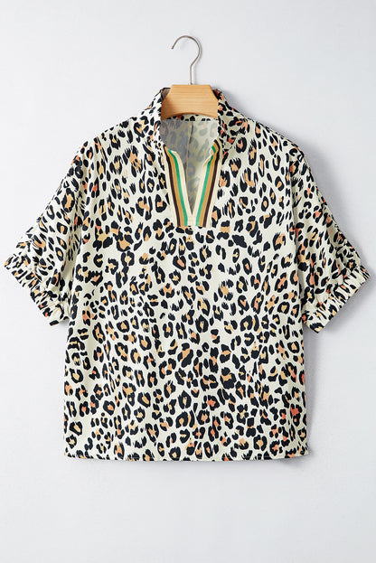 Leopard Colorblock Contrast V-Neck Short Sleeve Blouse
