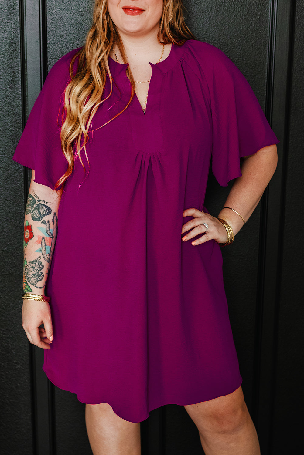 Pleated Wide Short Sleeve Dress Plus Size