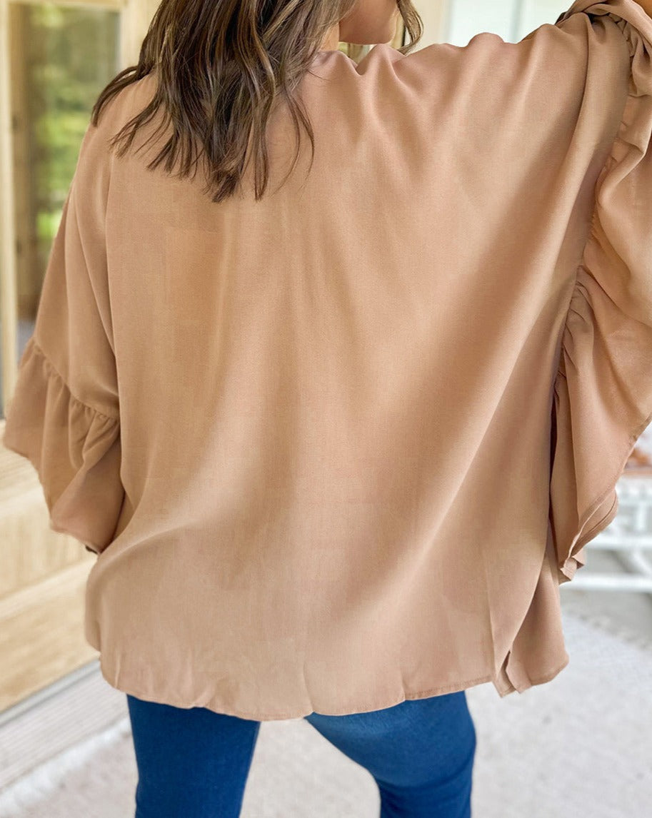 Ruffle Batwing Sleeve V-Neck Blouse Plus Size