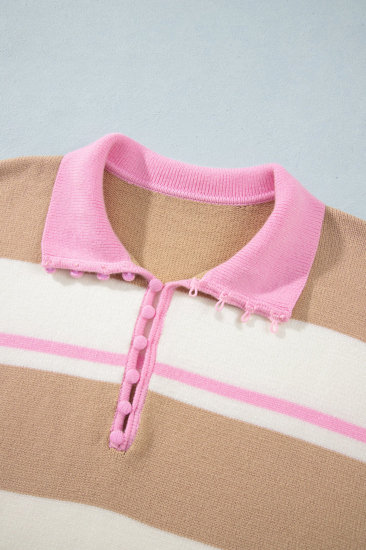 Stripe Colorblock Buttoned Collar Drop Shoulder Sweater