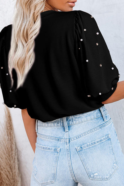 Rhinestone Pearl Puff Sleeve Top