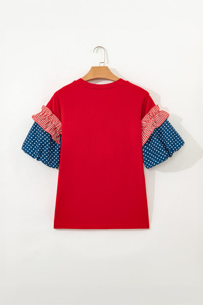 Stars & Stripe Patchwork Short Puff Sleeve Top