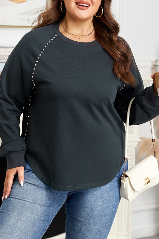 Plus Size Solid Ribbed Edge Studded Mineral Wash Top