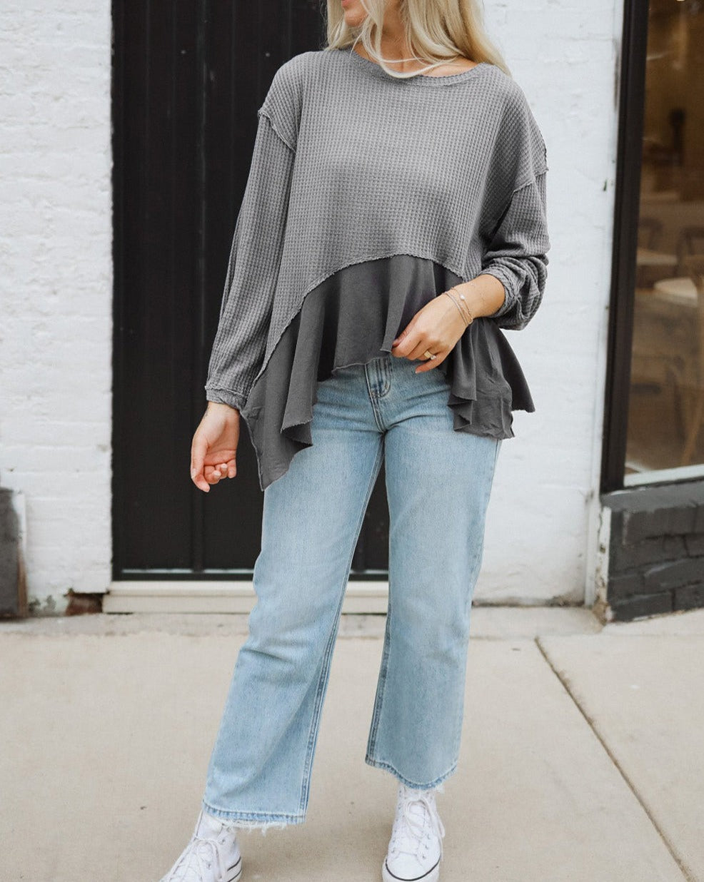 Waffle Ruffle Long Sleeve Top