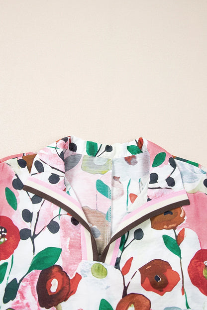 Floral Slit V-Neck Short Sleeve Blouse