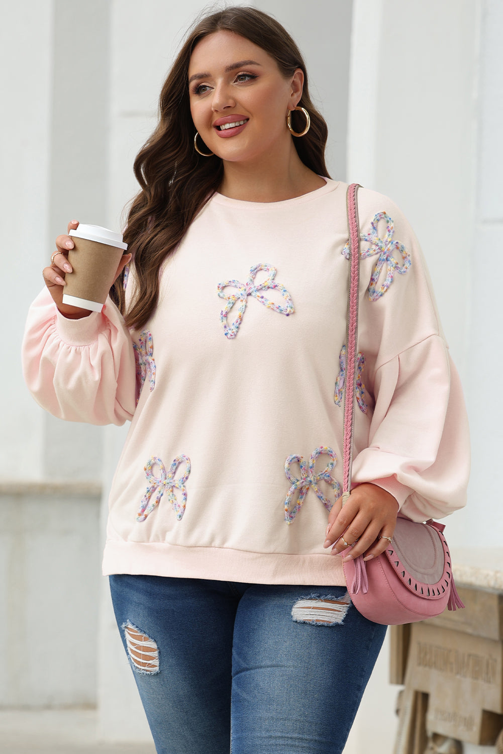 Valentine Bow Embroidered Lantern Sleeve Sweatshirt