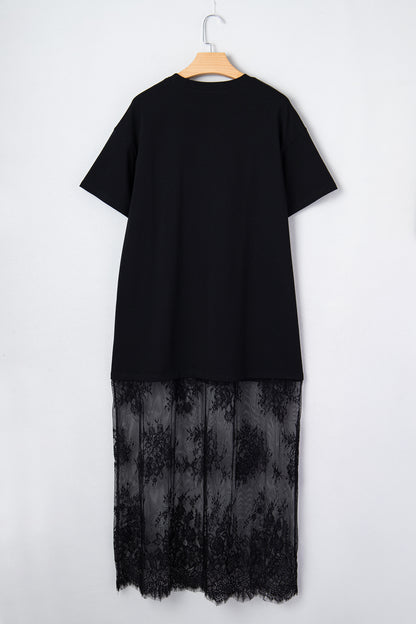 Solid Lace Patchwork Short Sleeve Maxi Dress